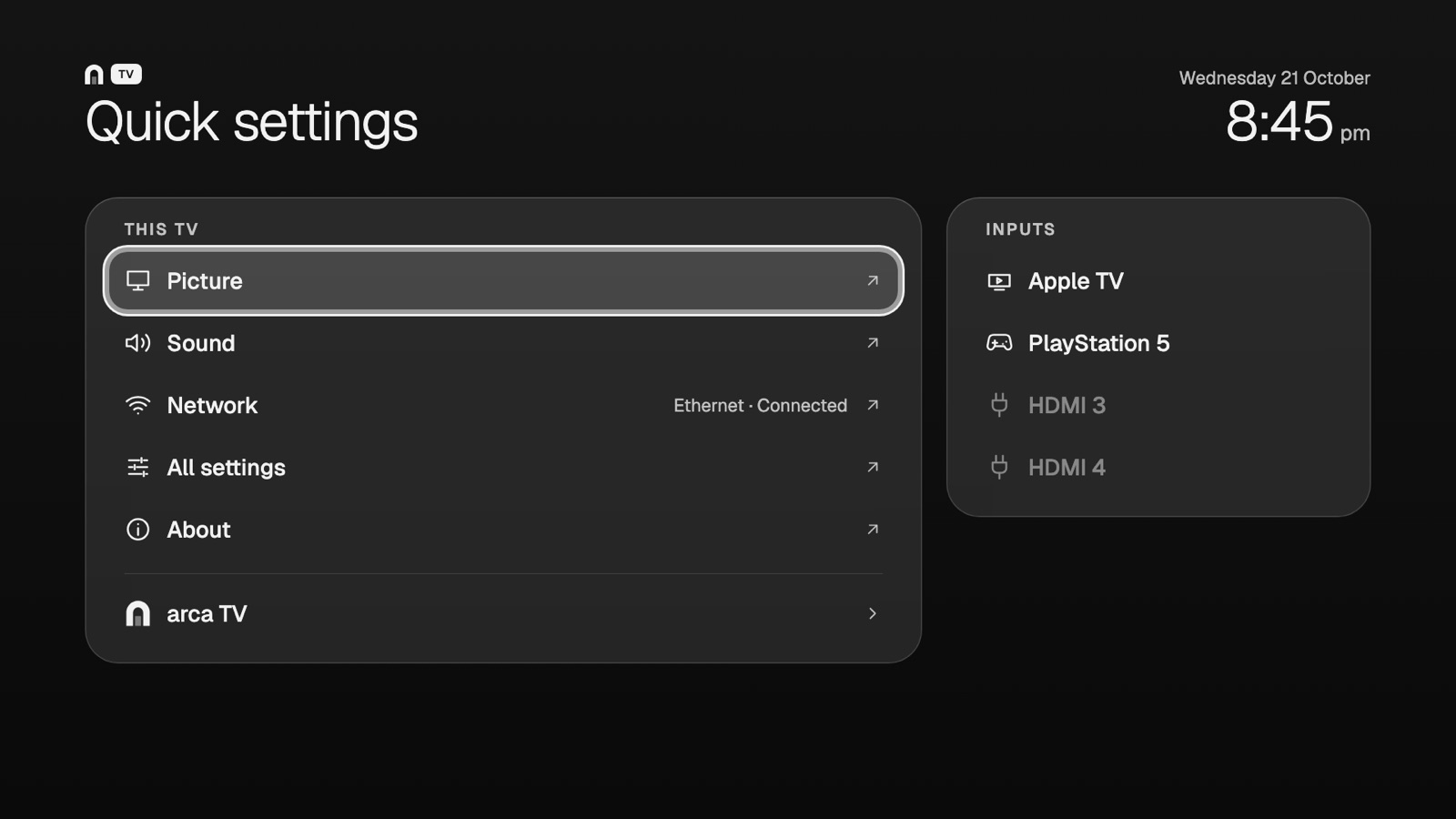 Quick settings with Picture, Sound and TV inputs