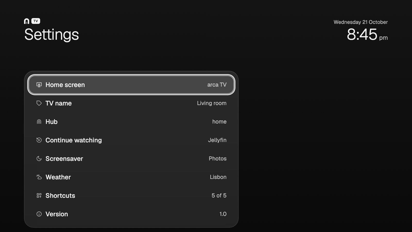 arca TV settings including Home screen and Hub